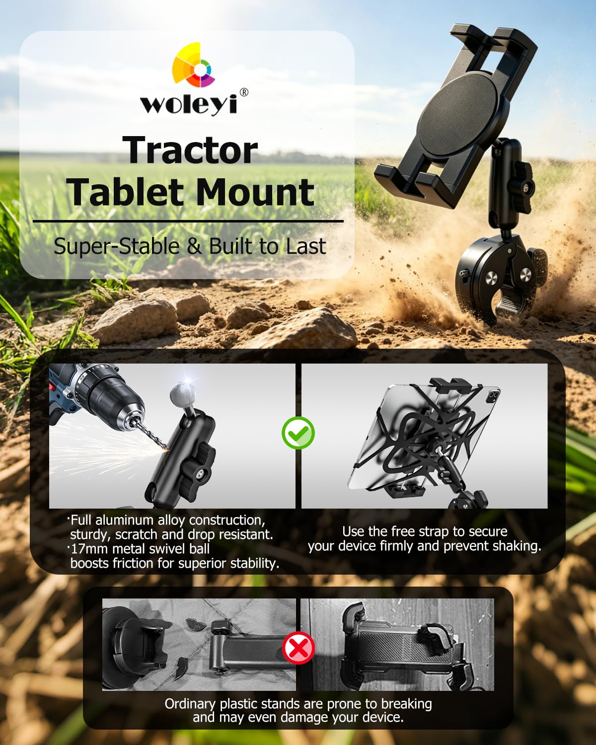 Support Tablette Tracteur Guidon avec Bras Métallique Réglable | Anti-Vibration - Fixation Tablette sur Tube Barre Pôle pour Excavatrice Chargeuse pour iPads, Téléphones, 4-13"