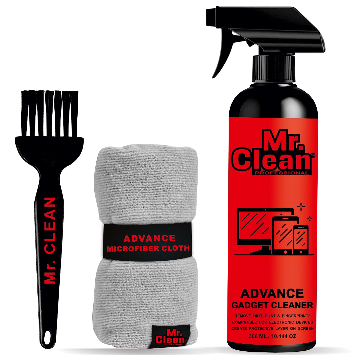 Mr. Clean Gadget Cleaner Kit 300 ml | Streak-Free Gadget Cleaning Spray with Premium Microfiber Cloth & Soft Cleaning Brush | Perfect for Laptops, Mobile Screens, Tablets, Cameras, PCs, & Binoculars.