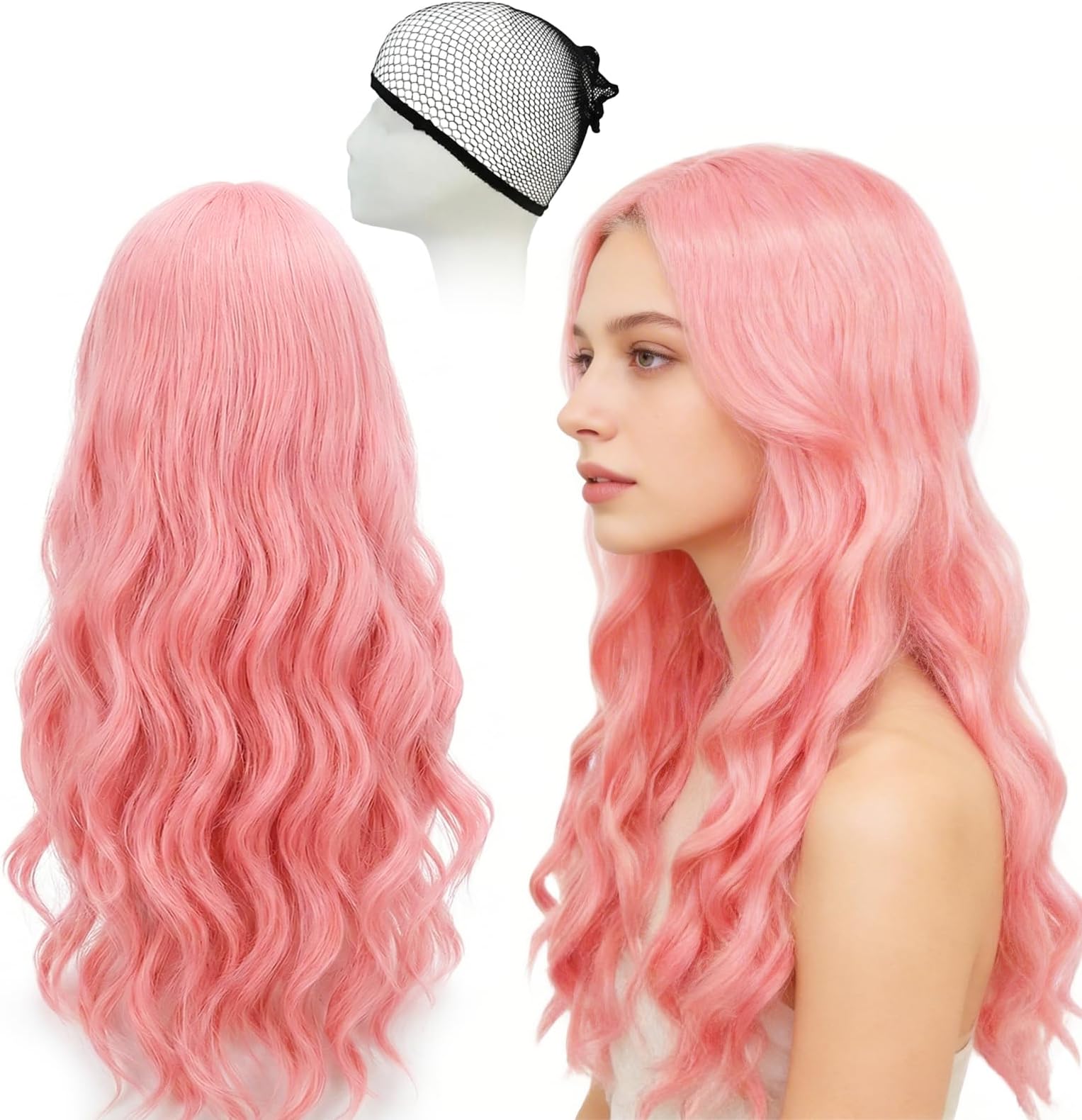 Long Pink Wig for Women, 24 in Light Pink Party Wavy Wig for Cosplay Daily Use