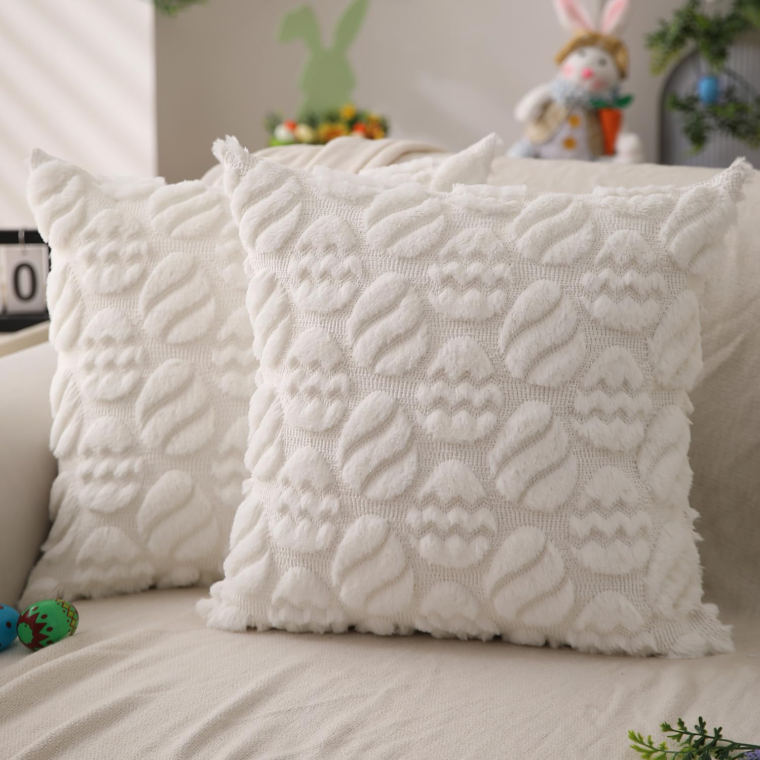 DFXSZ Easter Pillow Covers 18x18 inch Set of 2 Easter Decoration Cream White Egg Soft Plush Faux Fur Jacquard Throw Pillows for Bedroom Sofa Holiday