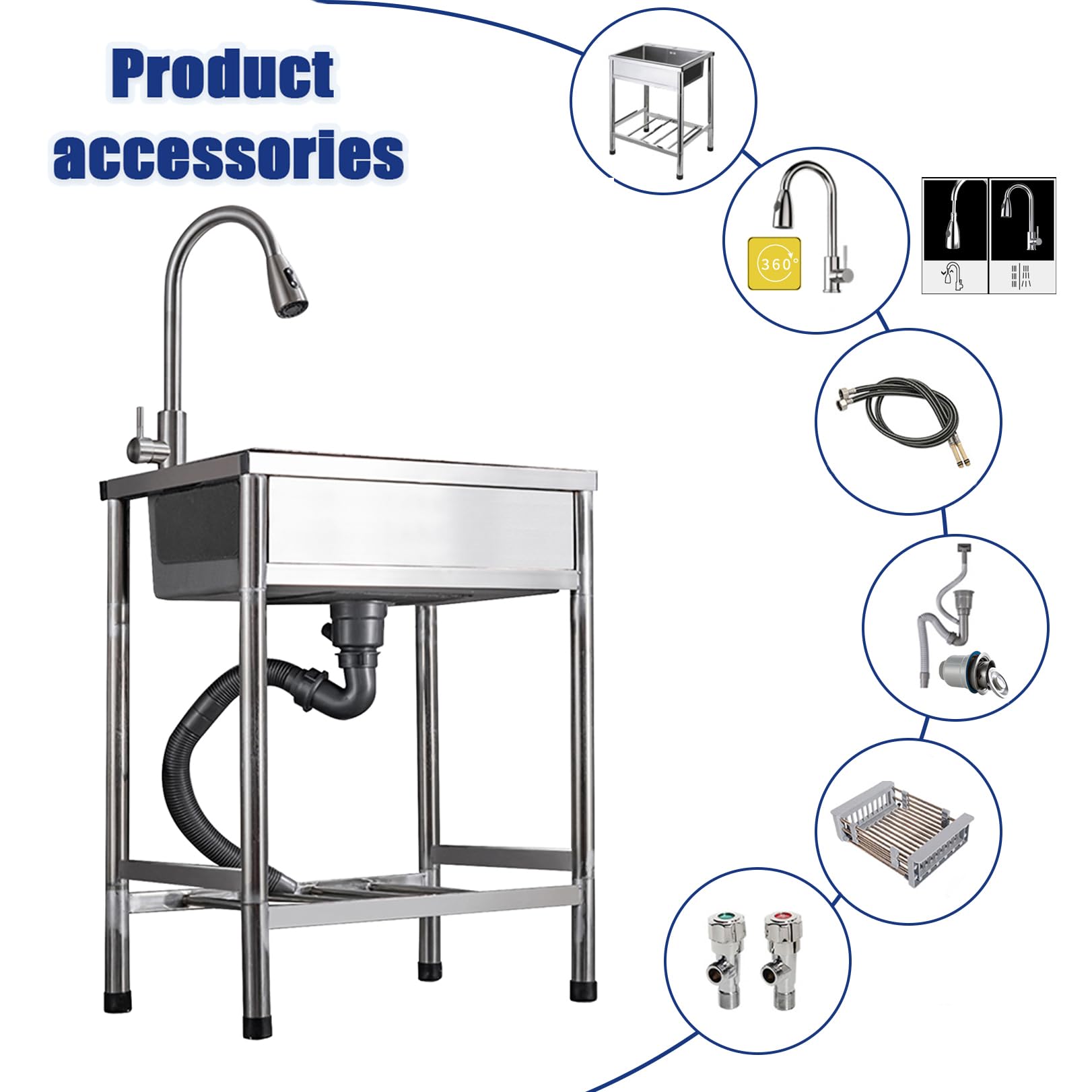 Fregadero utilitario de acero inoxidable, fregadero de cocina móvil con estante de almacenamiento, independiente para exteriores, grifo de 360° extensible, lavabo multifuncional para interiores.