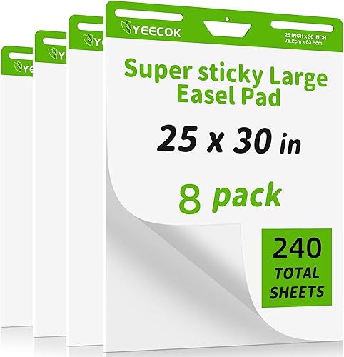 Almohadilla de caballete pegajoso de 25 x 30 pulgadas, 30 hojasbloc, 8 blocs por paquete, papel adhesivo para profesores, potencia de adherencia y