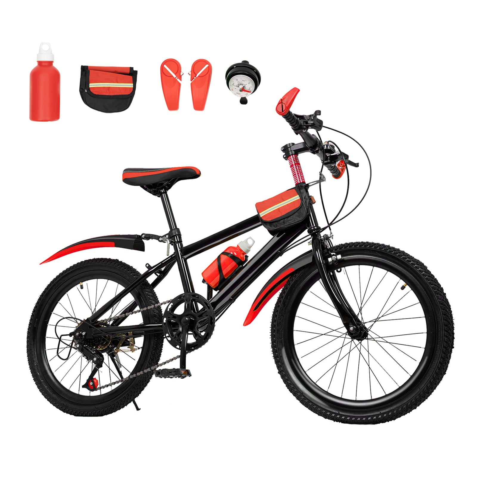 Bicicleta de montaña para niños de 20 pulgadas, 7 velocidades, con guardabarros para niños y niñas, incluye bolsa para botella, campana de brújula, capacidad de carga 75 kg, color rojo