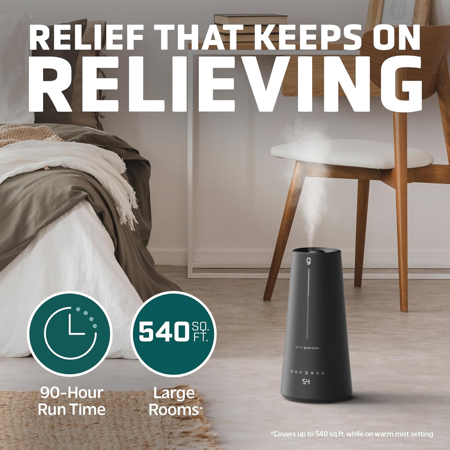 PureGuardian 1.5 Gal Ultrasonic Warm & Cool Mist Humidifier with UV-C Light, IntelliSense Humidistat, 90-Hr Runtime, for Large Rooms up to 540 Sq. Ft., Black, H5665B