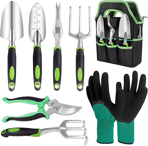 Juego de herramientas de jardín de 8 piezas, juego de herramientas de jardinería con bolsa de almacenamiento y guantes, herramientas de mano de