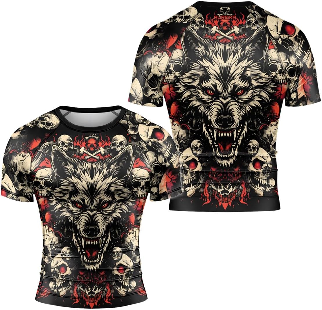 Wolf Jiu Jitsu Rash Guard Short Sleeve - Men's Athletic Base Layer for MMA BJJ No Gi Grappling