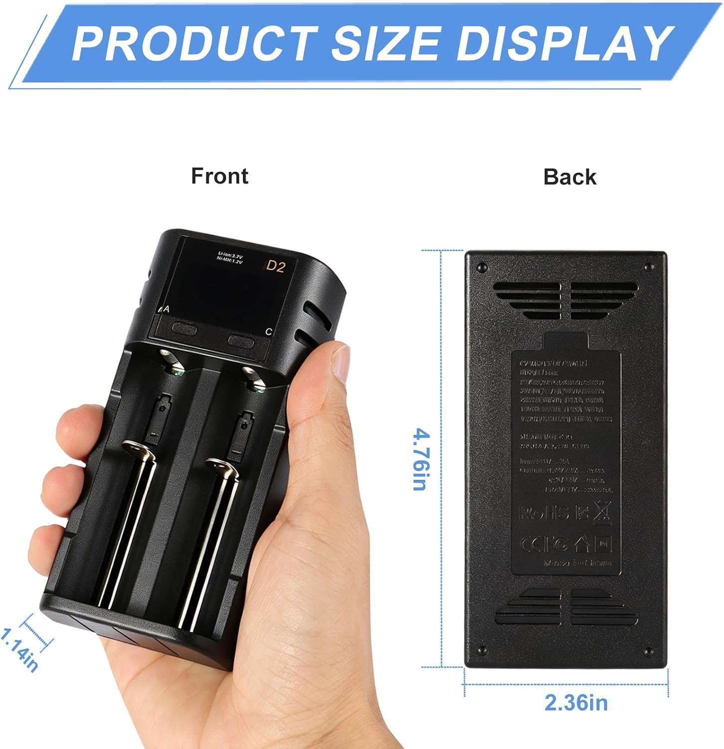 18650 Battery Charger 2 Bay Universal Fast Travel Charging USB LCD Display for Rechargeable 14500 18500 18650 18700 20700 21700 22650 26650 10400 1.2V Ni-MH/Ni-Cd AA AAA C F6 (Batteries not Included)