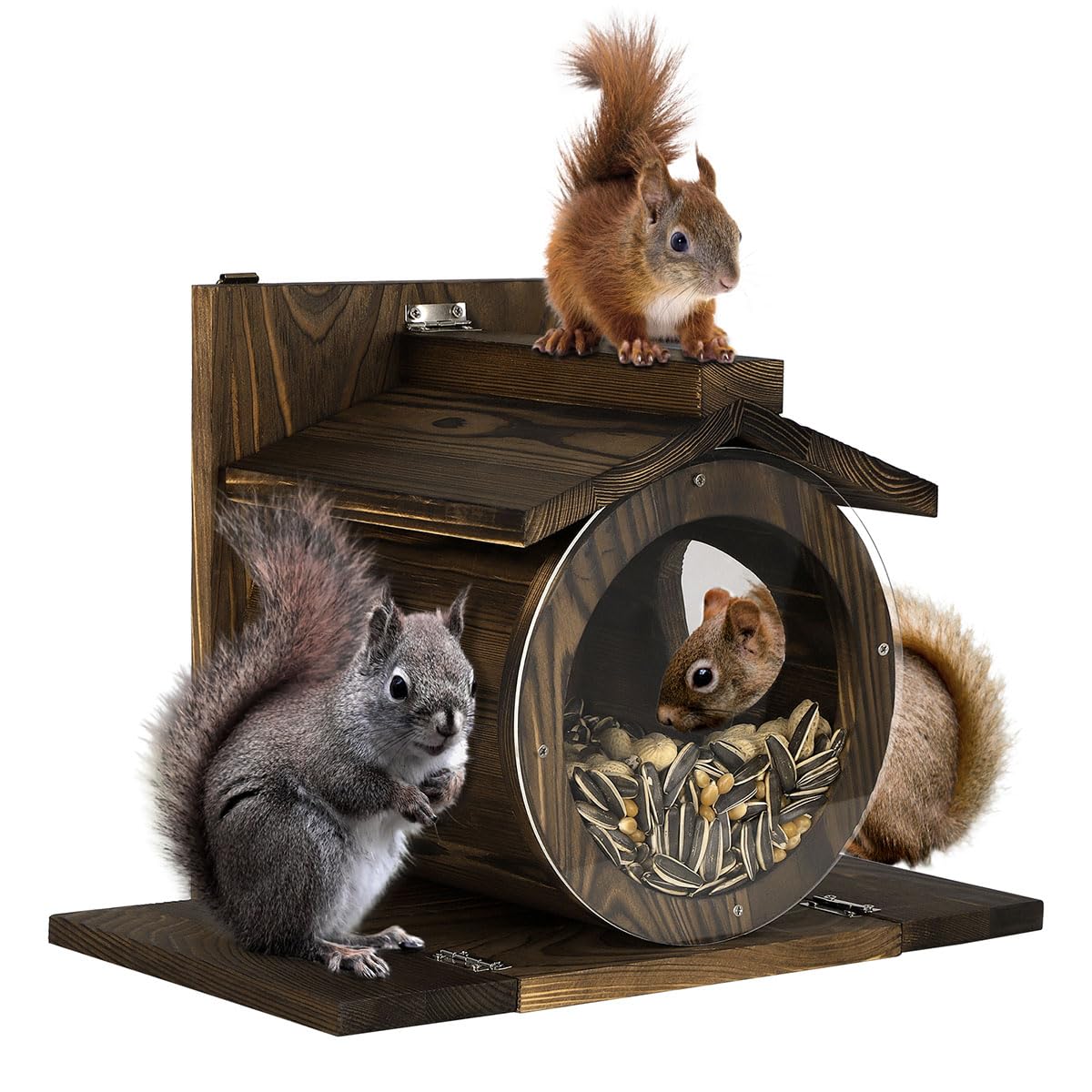 Mounting UP Wooden Squirrel Feeder for Feeding Outside Wild Chipmunk, Outdoor Wooden Chipmunk Squirrel Feeder for Corn, Peanuts, Durable Box, Easy to Stand for Eating