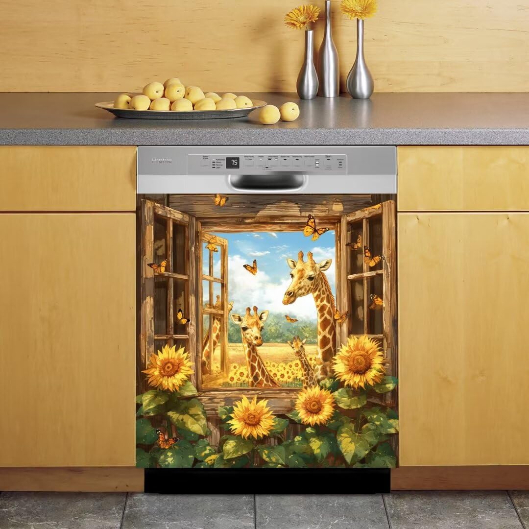 Generic Giraffe Reusable Magnetic Dishwasher Cover,Dishwasher Magnet Cover,Decal for Front Panel,Flowers Appliance Wrap Skin 23 * 26 Inch