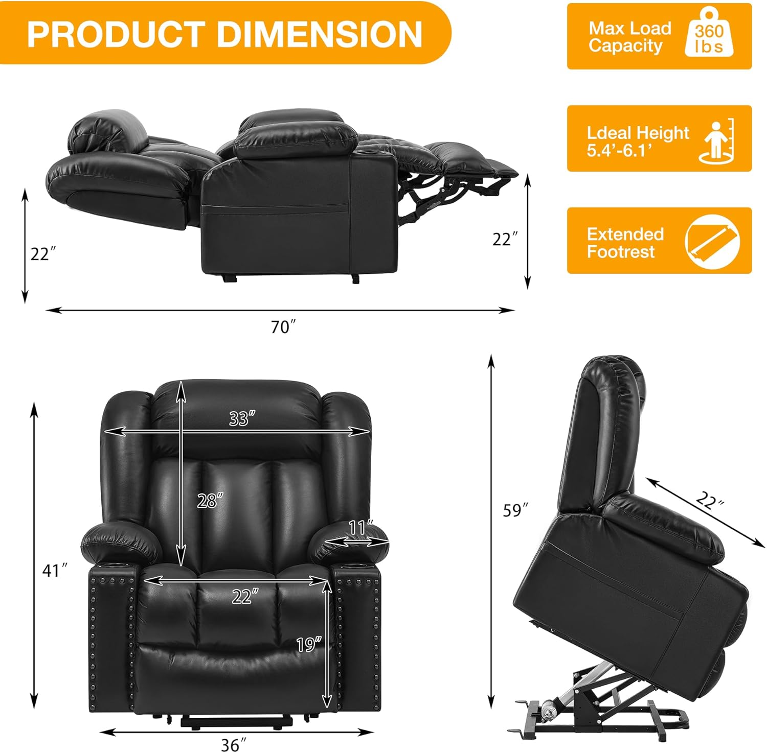 Triple Motor Large Power Lift Recliner Chair for Elderly with Heat and Massage, Lay Flat Lift Chairs for Seniors Infinite Position, Extended Footrest, USB&Type-C Ports, Cup Holder, Black