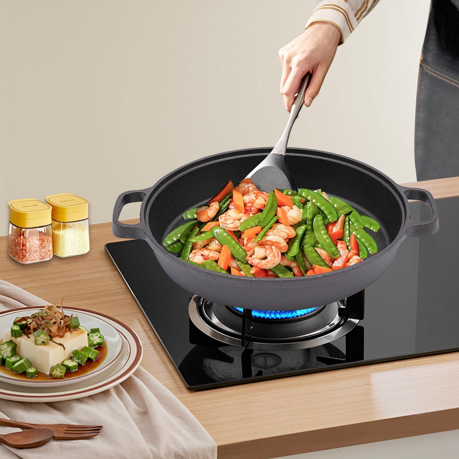 Sartén de hierro fundido – Ø 25 cm – Sartén de hierro fundido con mango doble – Sartén parrilla para inducción y fuego abierto