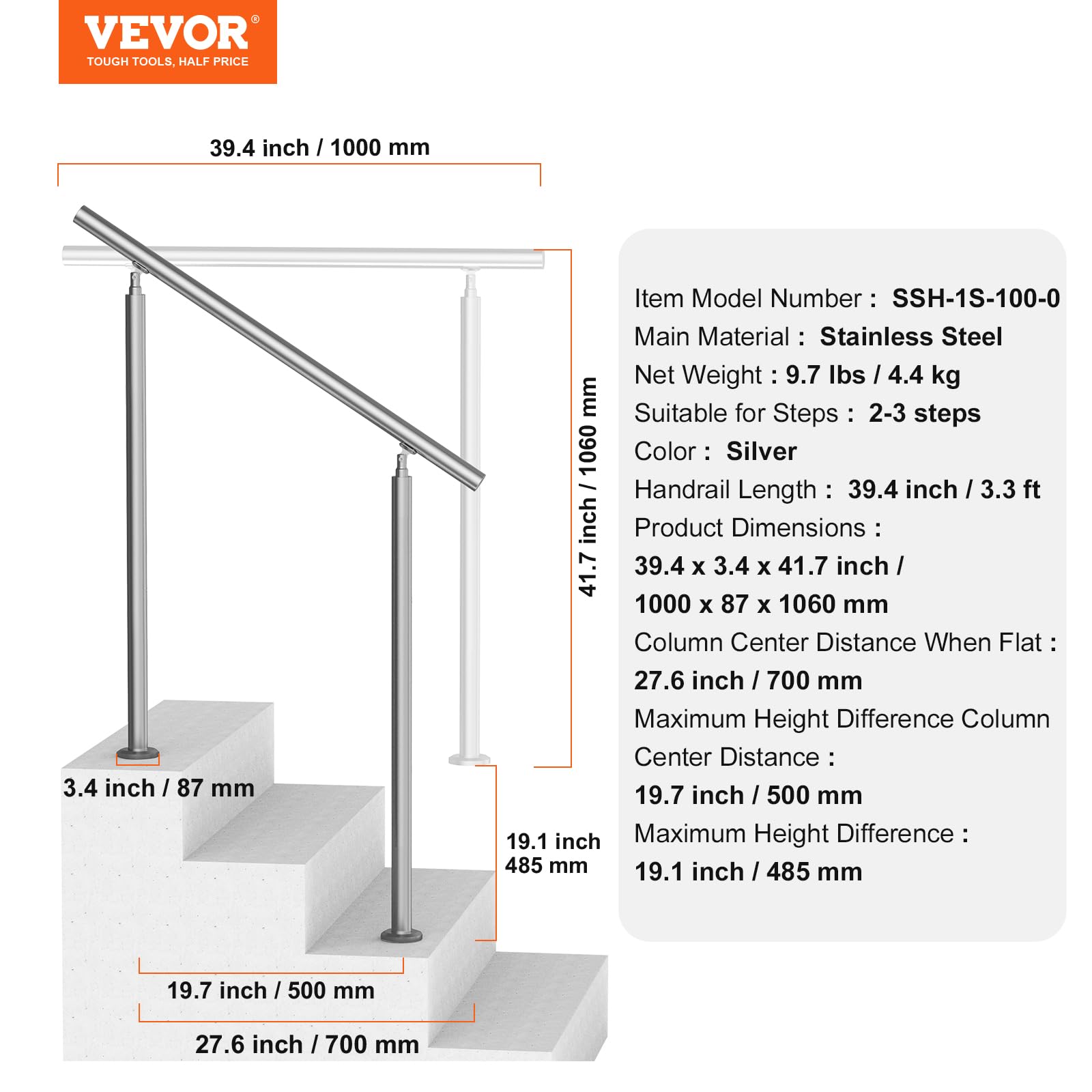 VEVOR Corrimano per Gradini Esterni, Kit Corrimano per Scale 100 cm Lunghezza, Ringhiere di Transizione in Acciaio Inox con Kit di Installazione, Corrimano Scale Doppia Colonna per Veranda e Terrazza