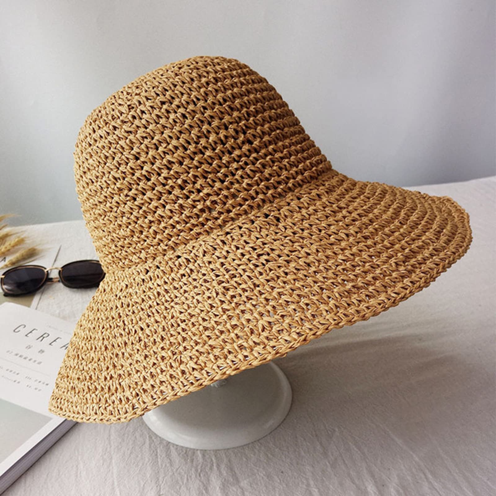 Womens Sun Straw Hat Wide Brim Summer Hat Foldable Roll up Floppy Beach Hats for Women Girl UPF 50+, Ws055, Large-X-Large