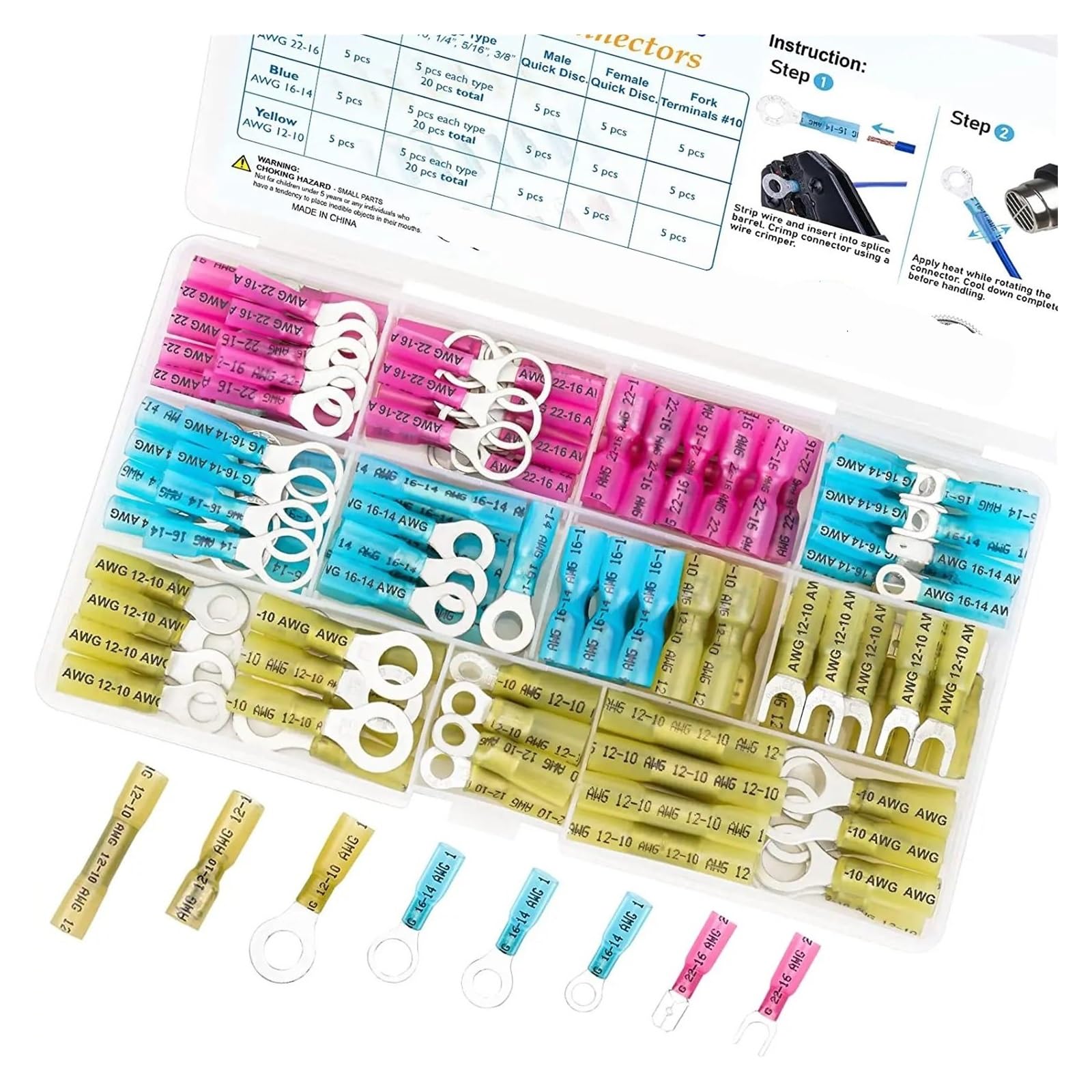 AARTERZZA 120Pcs Heat Shrink Wire Connectors, Automotive Marine Electrical Terminals Crimp Connector Ring Fork Spade Splices