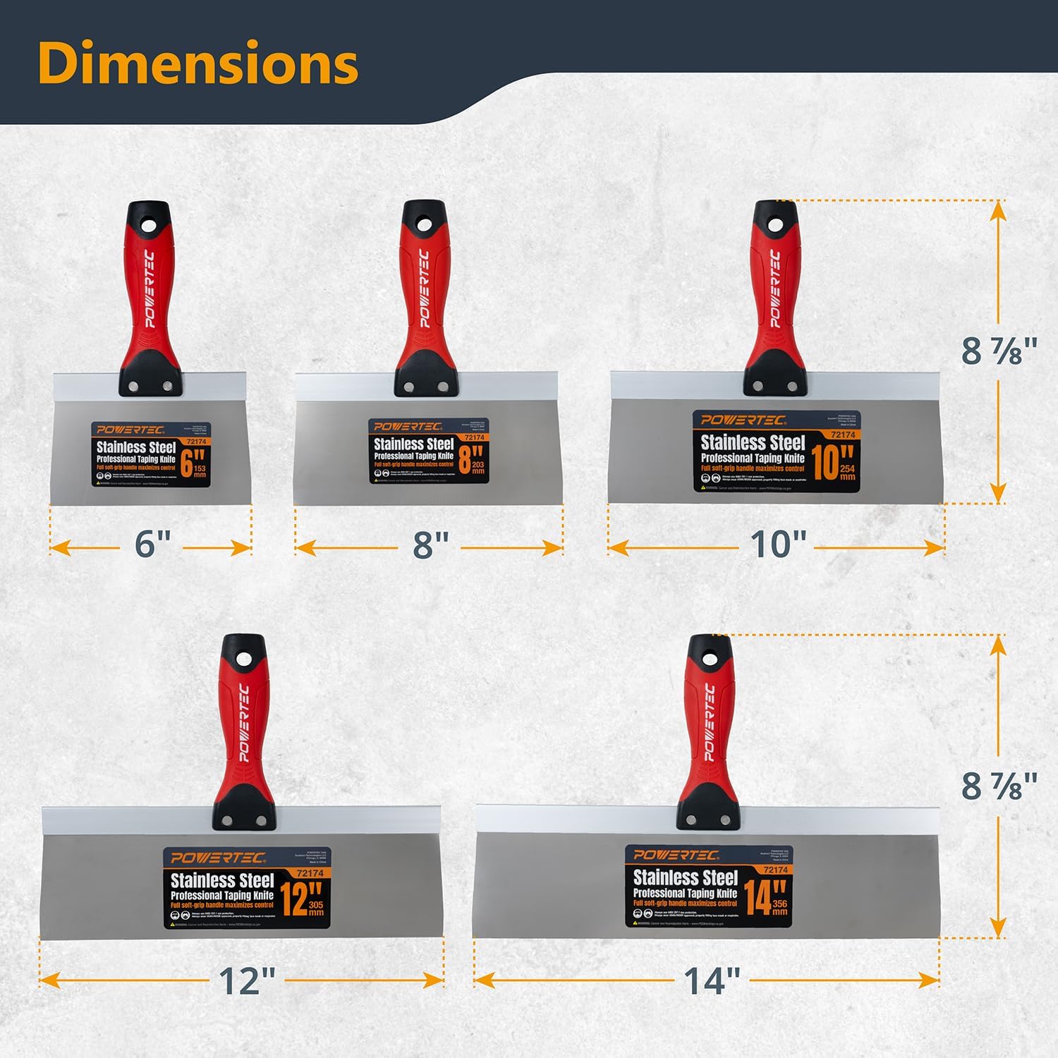 POWERTEC Drywall Knife Set, 5 Pcs Stainless Steel Taping Knives, 6",8",10", 12",14" Drywall Joint Taping, Finishing & Patching (72174)
