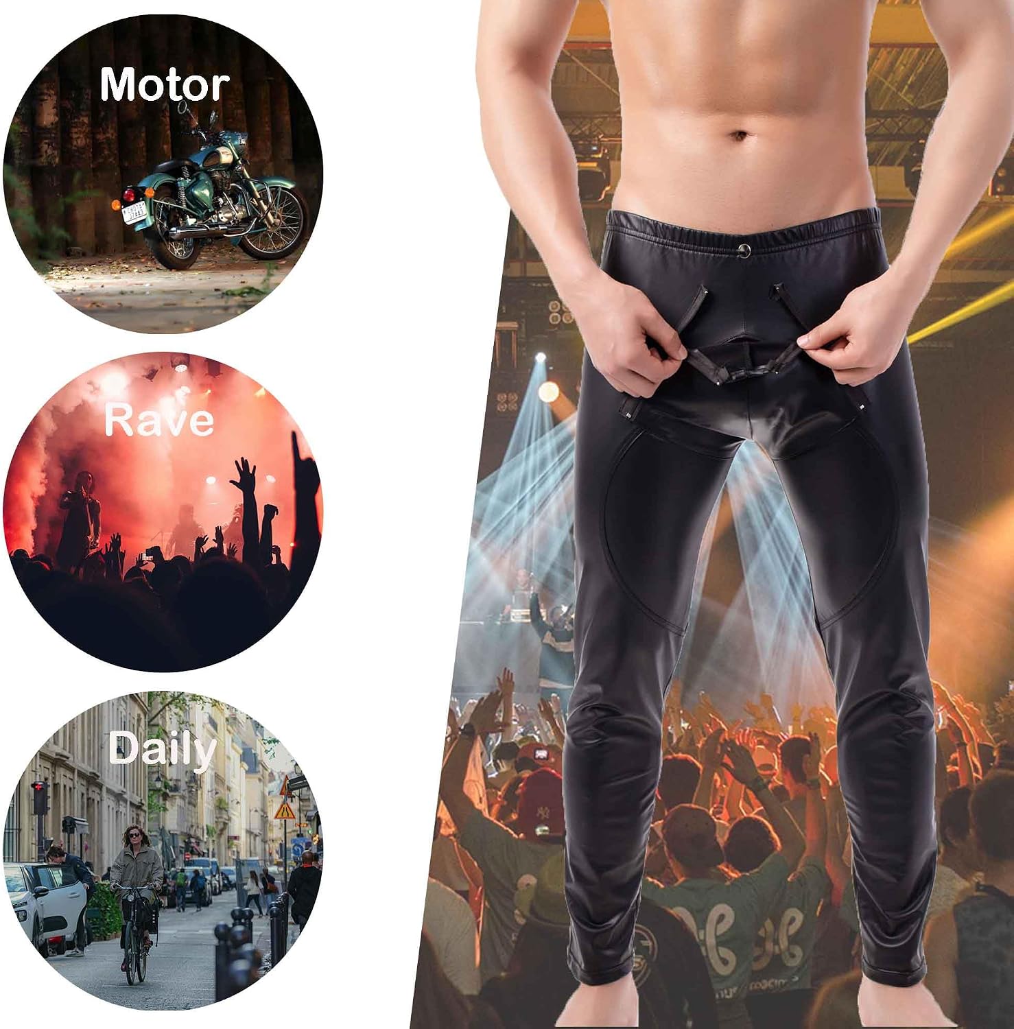 QiaTi Mens Skinny Pants Faux Leather Open Crotch Trousers Long Pant with Bulge Pouch for Men Club