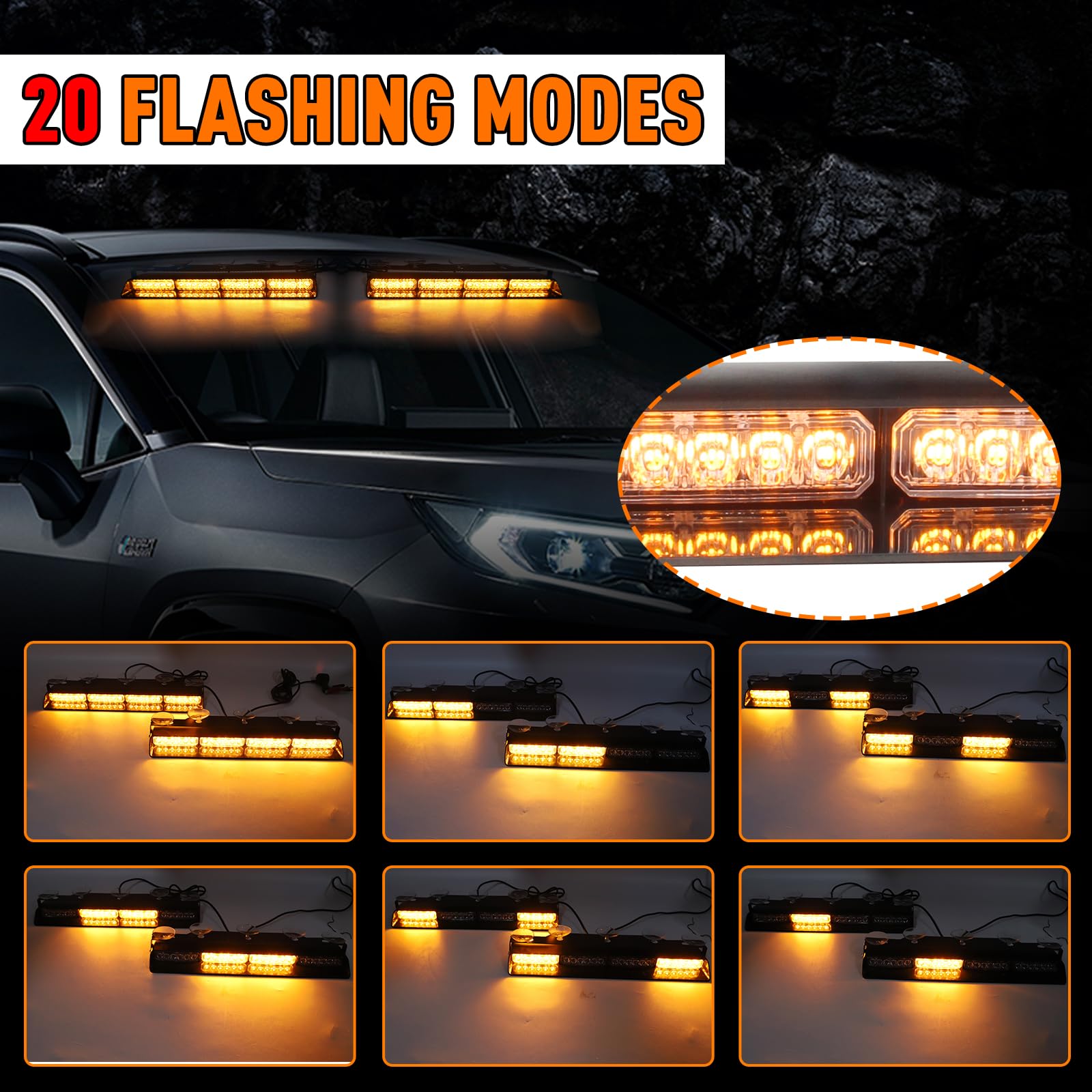 2 luces estroboscópicas LED ámbar de 16.8 pulgadas para parabrisas con ventosas, 2 en 1 LED ámbar de advertencia de tráfico, barras de luz de salpicadero, luces estroboscópicas de emergencia