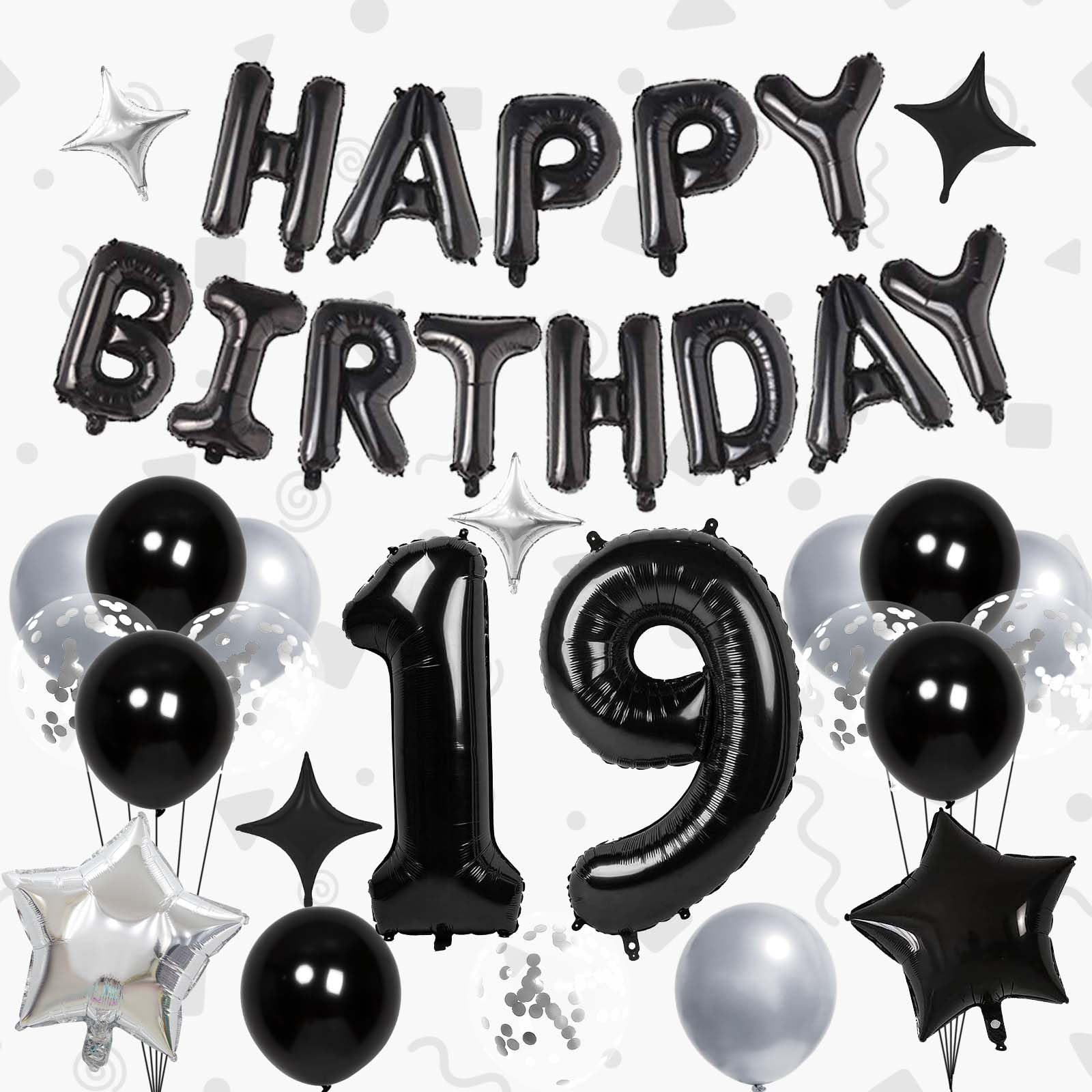 32 Inch 19 Balloon Numbers, Happy Birthday Balloons Banner 16 Inch Foil Letters Balloon Silver and Black Star Balloons for 19th Birthday Decorations