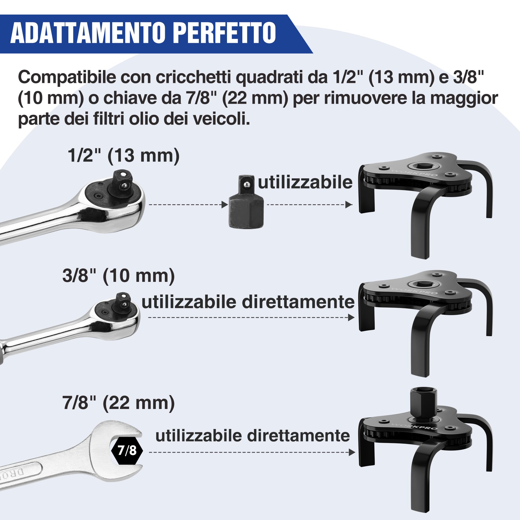 Chiave per filtro dell'olio regolabile a 3 ganasce universale