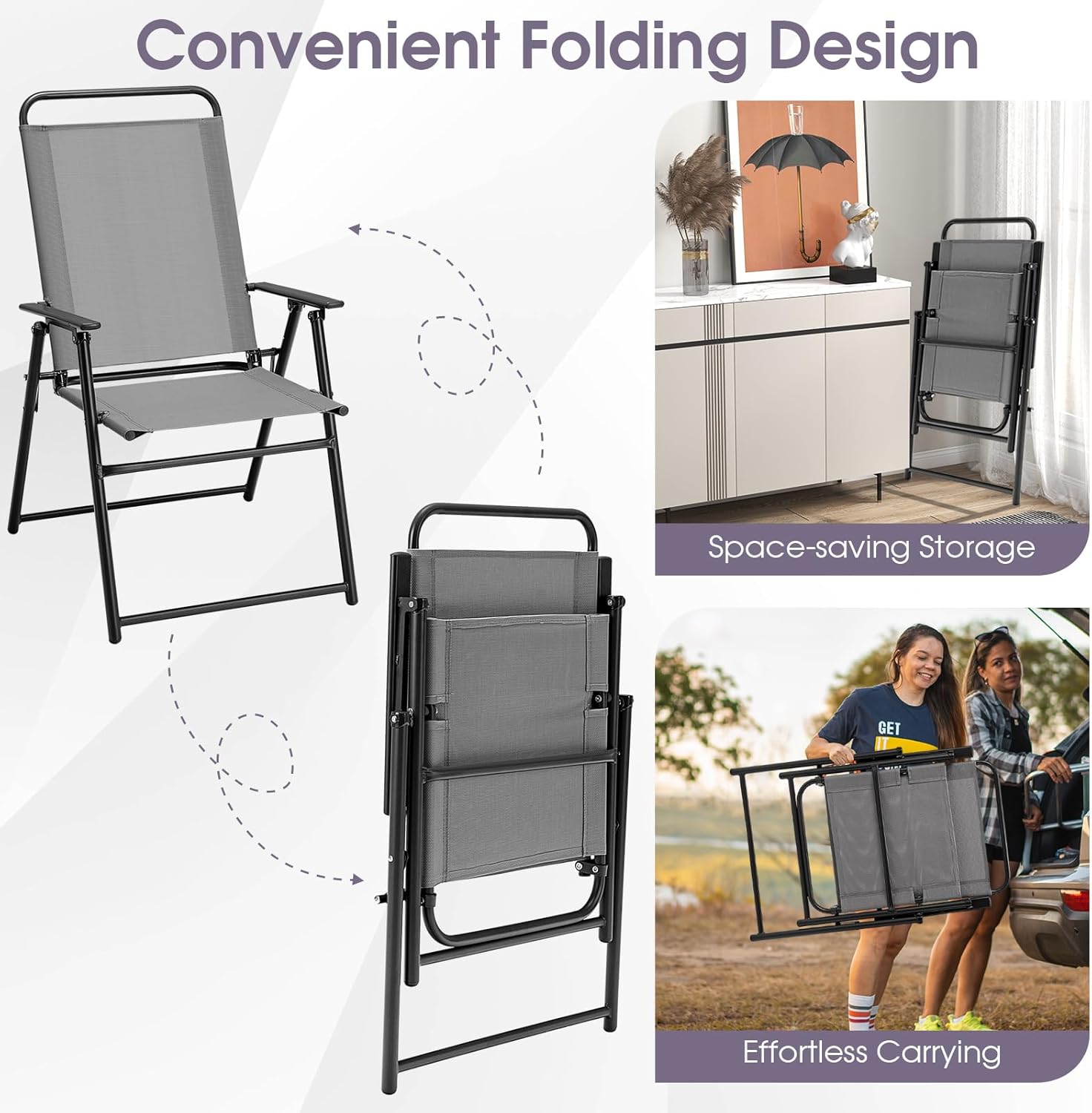 Giantex Patio Chairs Set of 4, Outdoor Folding Chairs with Armrests, Metal Frame, Outside Foldable Dining Chairs for Lawn Deck Porch Beach Yard (Gray & Black)