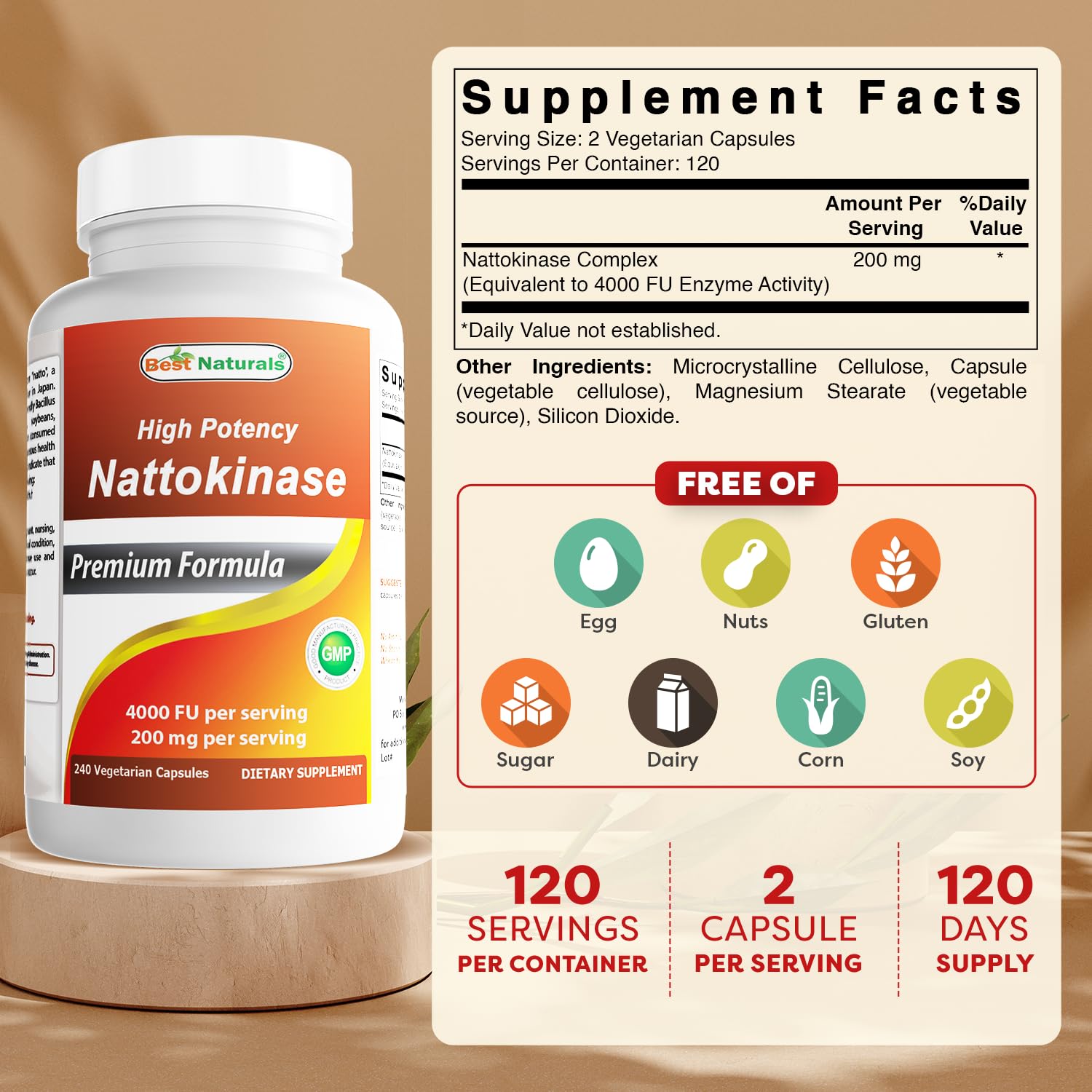 Best Naturals High Potency Nattokinase 4000 FU Per Serving/ 200 mg per Serving, 240 Vegetarain Capsules. Non-GMO, Gluten Free. — Amazon image 2