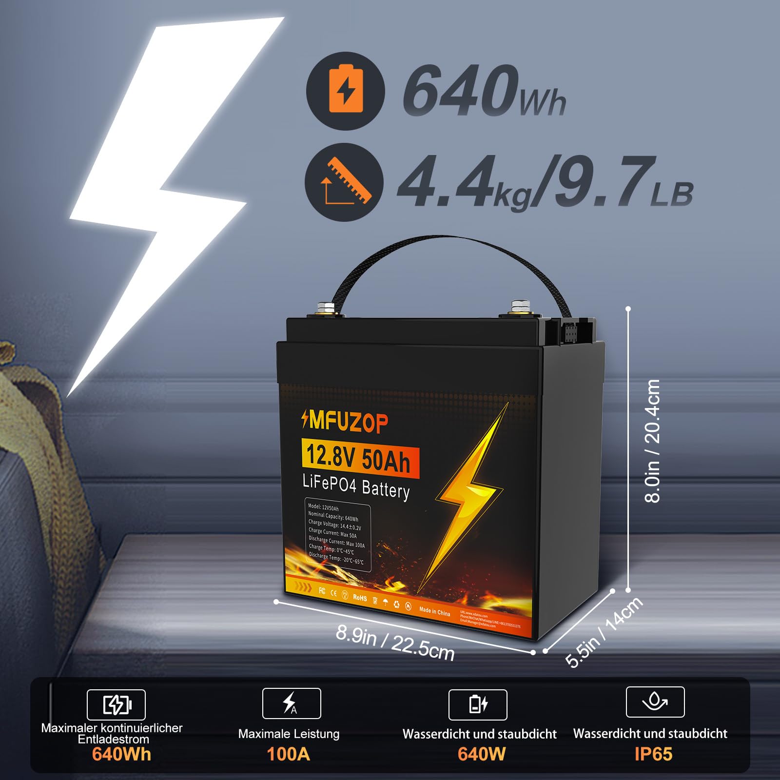 Batteria LiFePO4 12V 50Ah, BMS 50A, Potenza Massima 640W, 15000 Cicli Profondi, Batteria al Litio per Motore Elettrico, Caravan, Camper, Marina, Impianto Solare, Ecoscandaglio