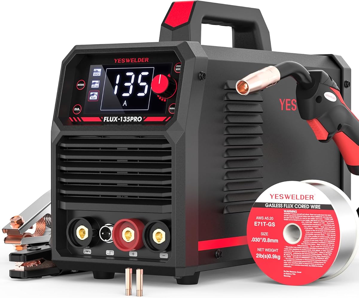 YESWELDER 135A MIG Welder, 110V Flux Core MIG/Lift TIG/Stick 3-in-1 Large LED Digital Display Welding Machine IGBT Inverter Welder