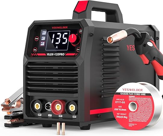 YESWELDER 135A MIG Welder, 110V Flux Core MIG/Lift TIG/Stick 3-in-1 Large LED Digital Display Welding Machine IGBT Inverter Welder