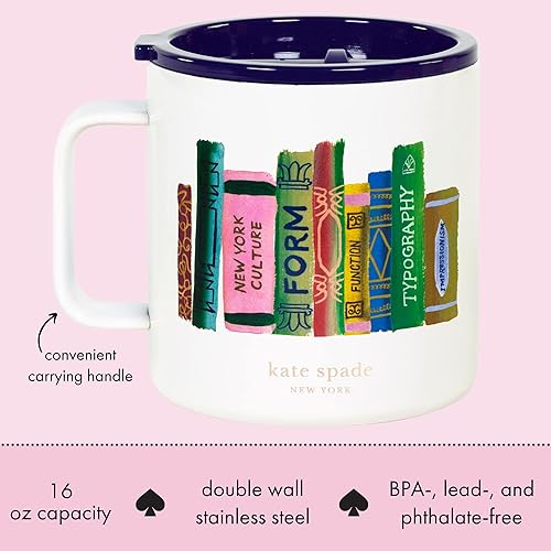 Miniatura 2 de Kate Spade New York Taza aislada de acero inoxidable con asa y tapa, vaso de doble pared de 16 onzas, taza de viaje de café reutilizable para