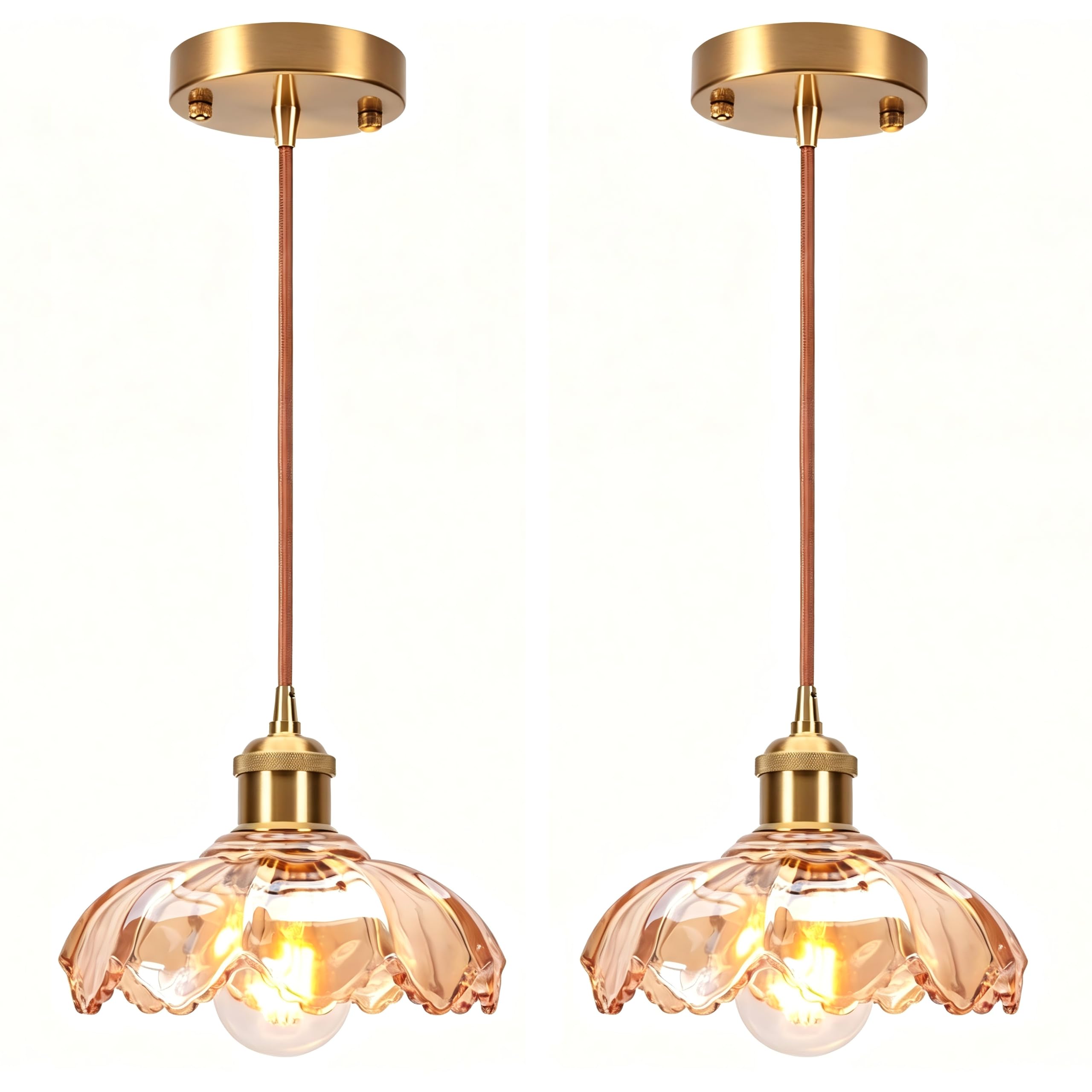 DLGLOLIN Set da 2 Sospensioni in Vetro a Forma di Petalo, Lampade a Sospensione Interne Moderne E27 Ambra in Vetro, Decorative per Cucina Soggiorno Camera
