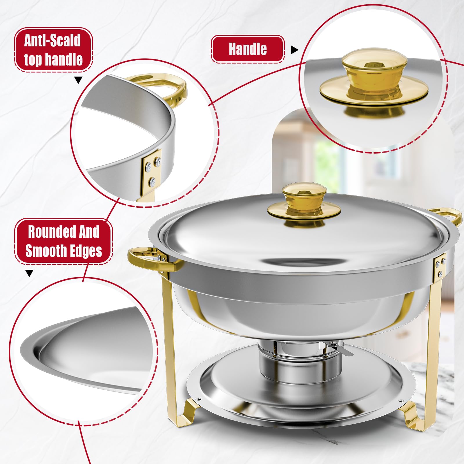 IMACONE Juego de 4 platos de roce redondos de acero inoxidable de 5 cuartos para catering, fogatas mejoradas y calentadores de buffet con bandeja de alimentos y agua, tapa, marco dorado, soporte de