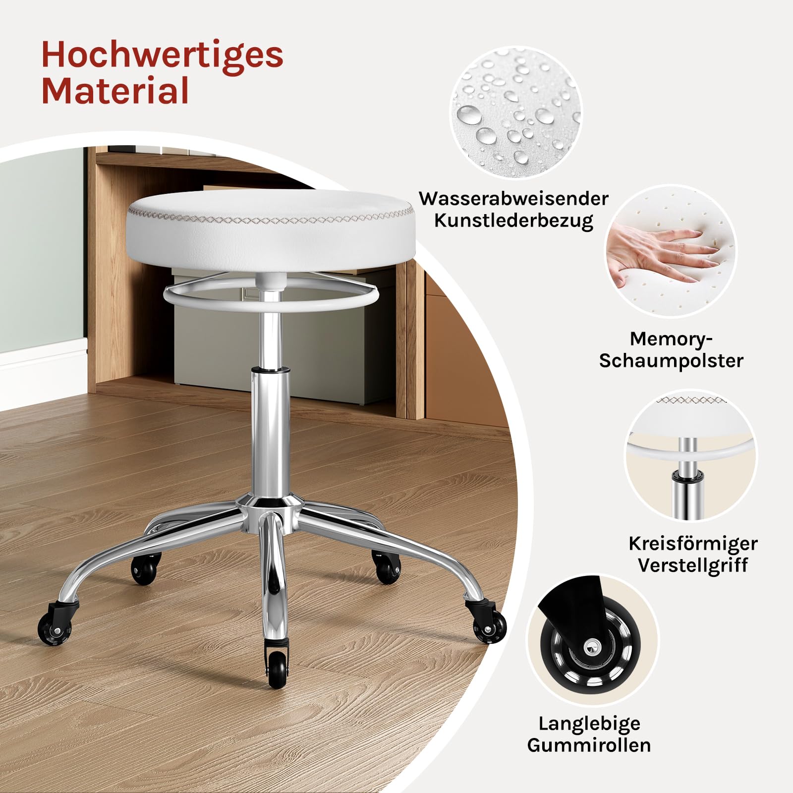 WOLTU Rollhocker höhenverstellbar, Bürohocker 360° drehbar, Weiß | Drehhocker mit Rollen, runder Hocker Arbeitshocker für Büro, Salon und Spa, Kunstleder