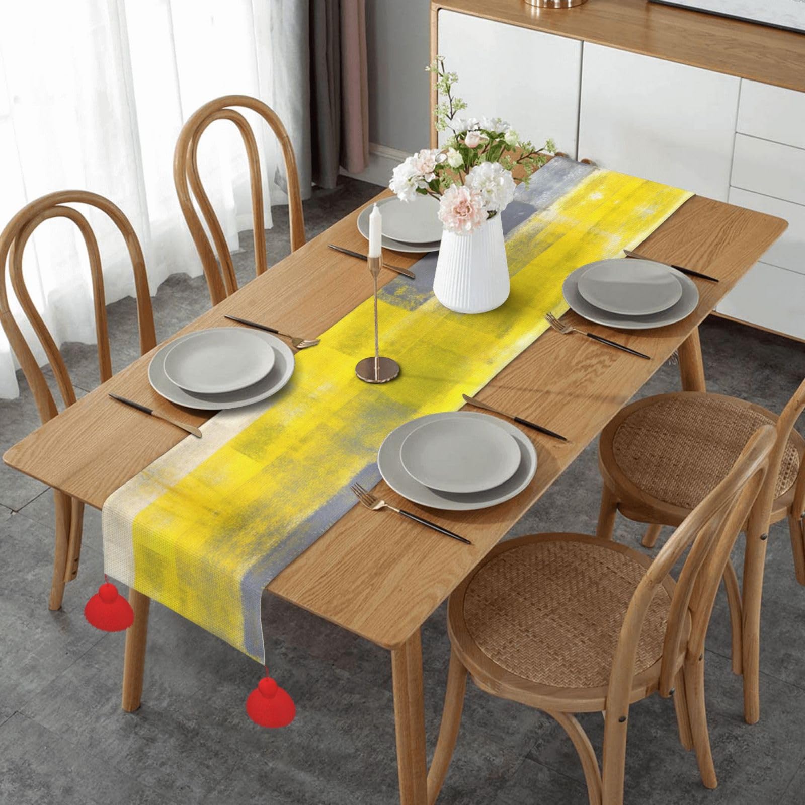Chemin de table en lin déco de cuisine gris jaune pour buffet d'Halloween et salle à manger