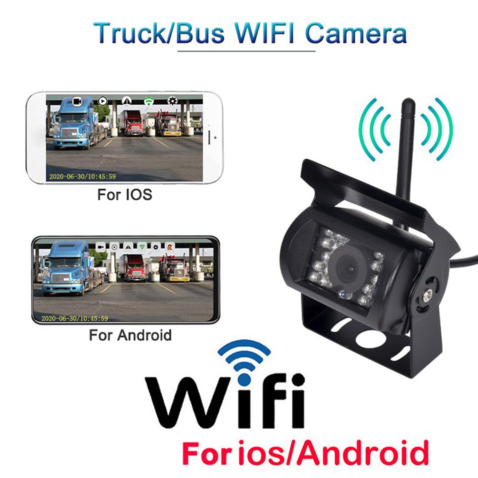 Kamera Cofania RV, Bezprzewodowa Kamera Cofania WIFI HD, Kamera Cofania z Widokiem z Tyłu Noktowizor z Regulowanym Kątem IP67 Wodoodporny dla Pojazdu Inżynieryjnego Autobusu