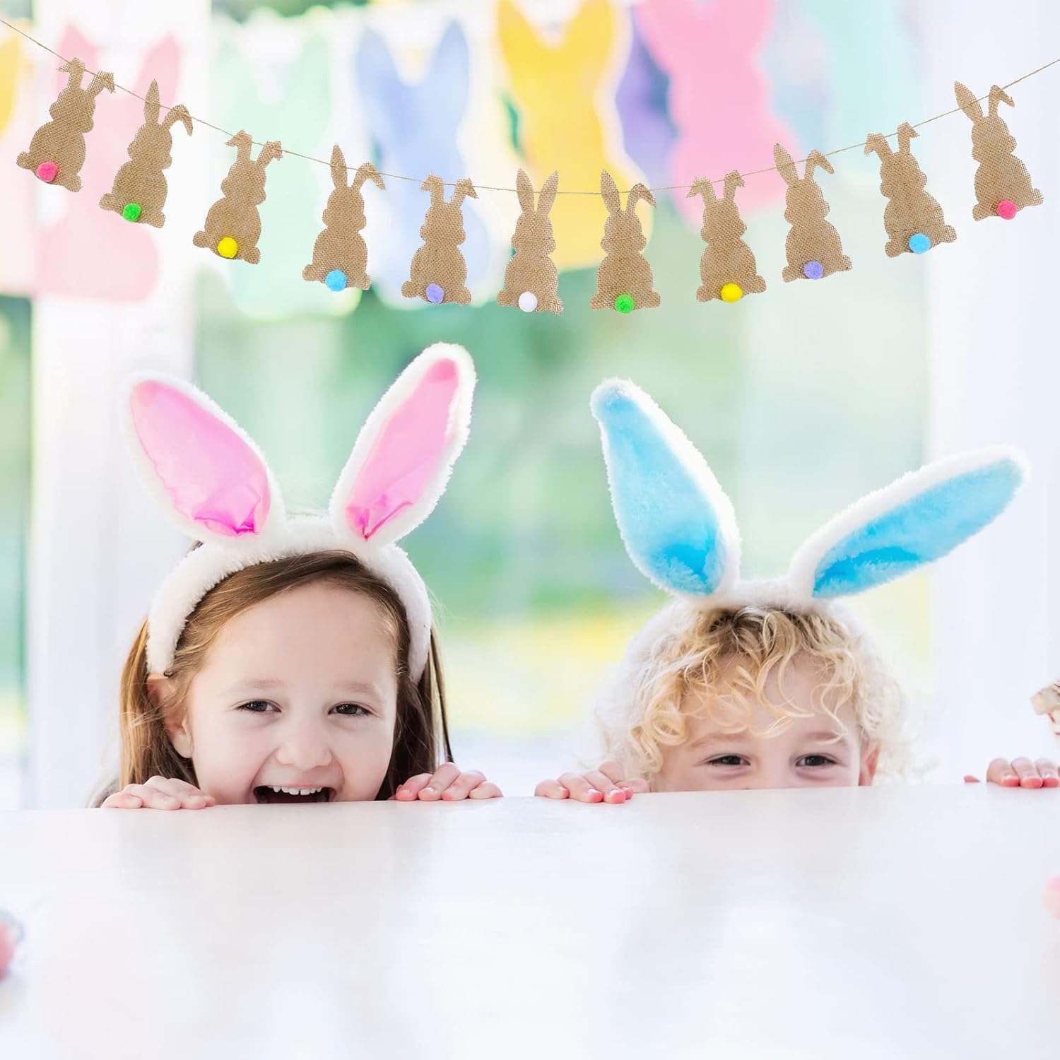 Whaline Easter Bunny Felt Banner with String 11 Pcs Colorful Tail Bunting Garland Pre-Assembled Spring Rabbit Hanging Decoration for Home Backdrop Decor Party Supplies