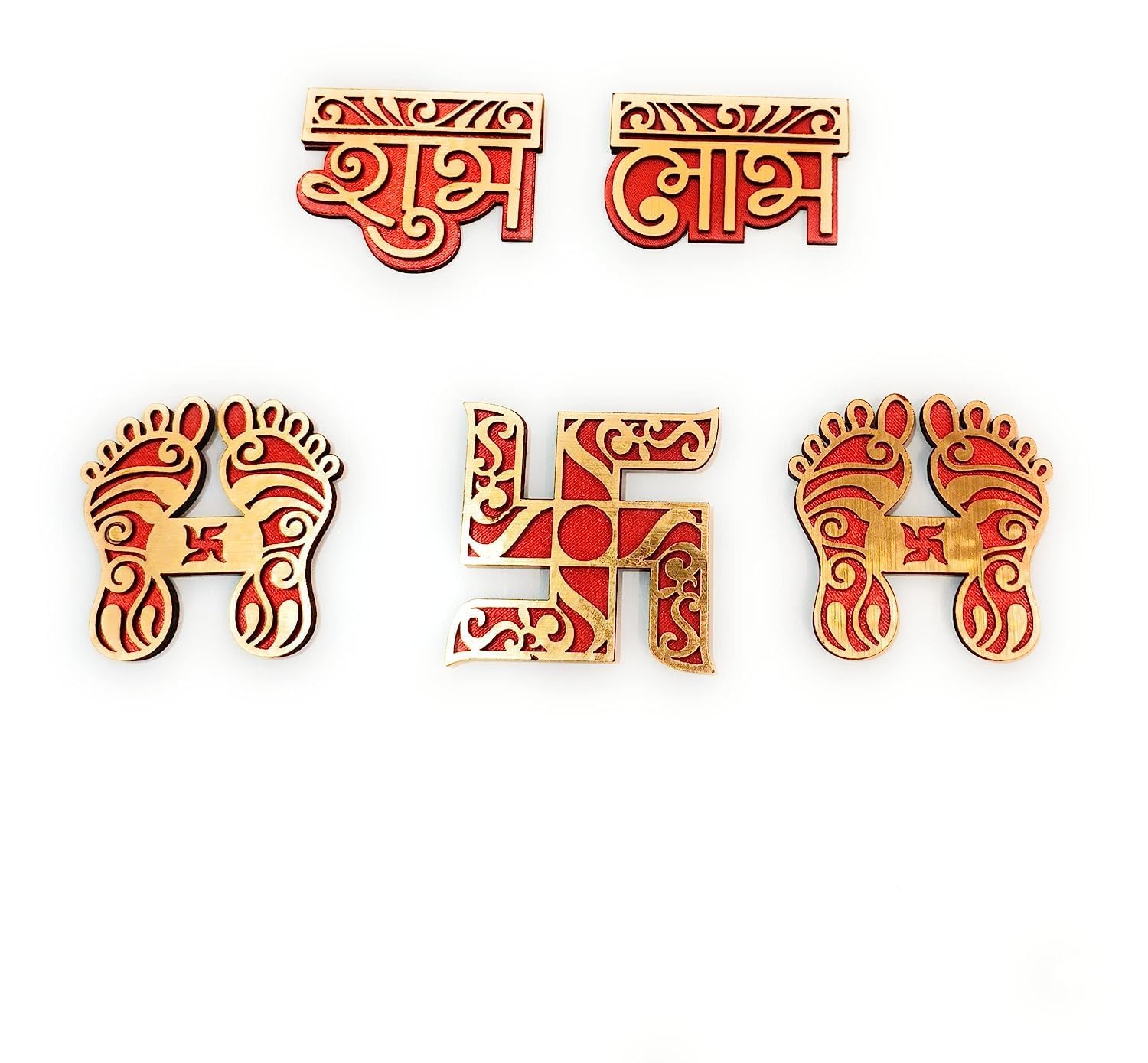 Laxmi charan Subha Labha Swastik Red Colour Pooja Room Decor Set, Entrance Shubha labham Lakshmi Padam Set Diwali Navratri Festival Wall Decoration Sticker (Satvik)