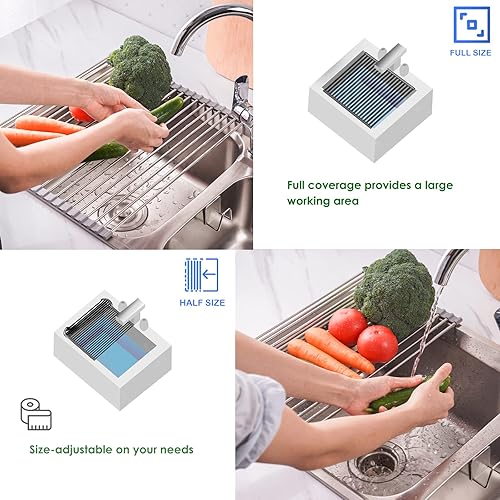 Miniatura 4 de Tomorotec - Escurridor enrollable de platos sobre el fregadero gris, estante grande para secar platos, enrollable, plegable, colapsable, de acero