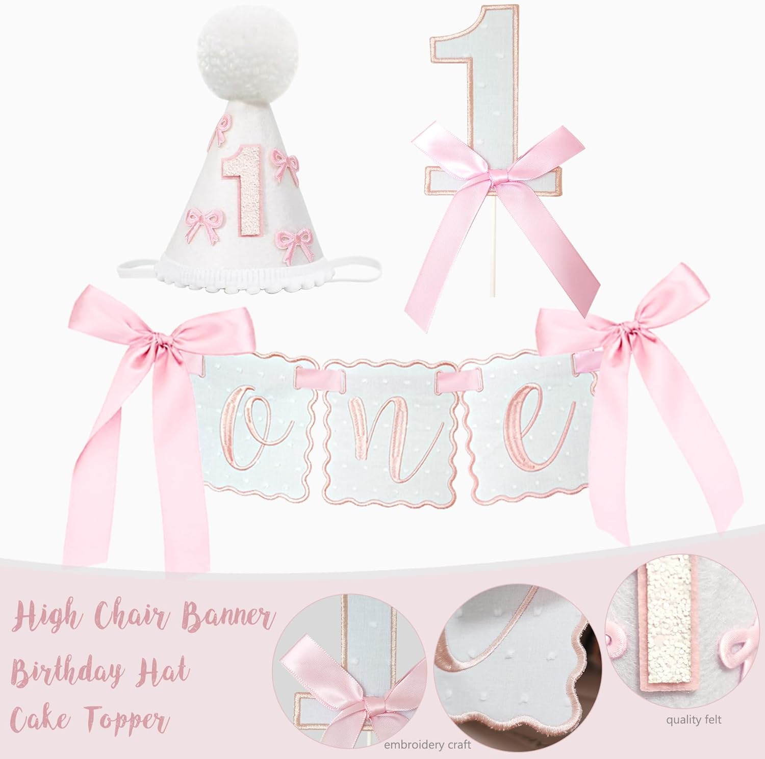 Pink Bow 1st Birthday Decorations, First Birthday Party Supplies for Girl, Pink White Balloon Arch Balloon Box Girls Just Wanna Be One Backdrop High Chair Banner - Image 5