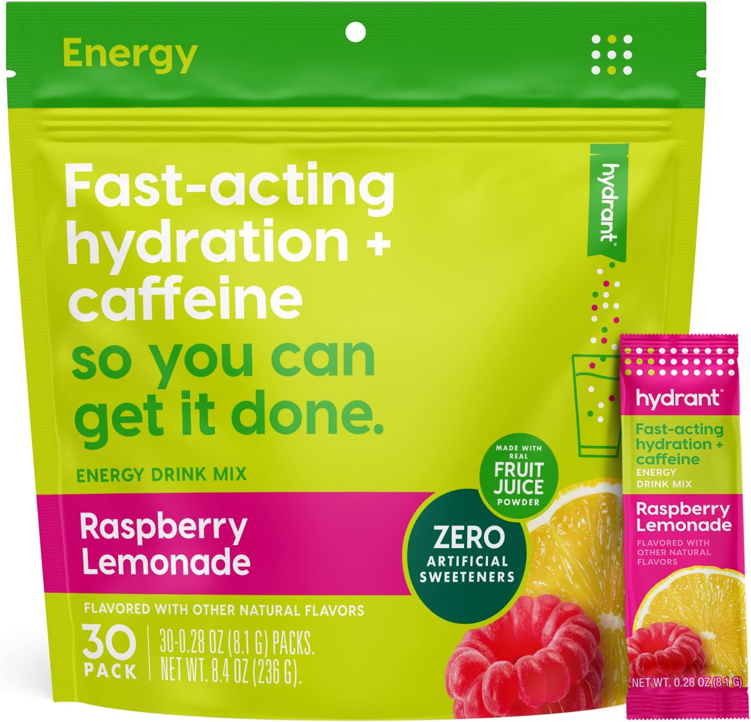 - Energy Electrolyte Powder, Raspberry Lemonade Flavor, 30 Caffeine & L-Theanine Energy Hydration Stick Packs - Low Sugar Energy Powder for Daily Use