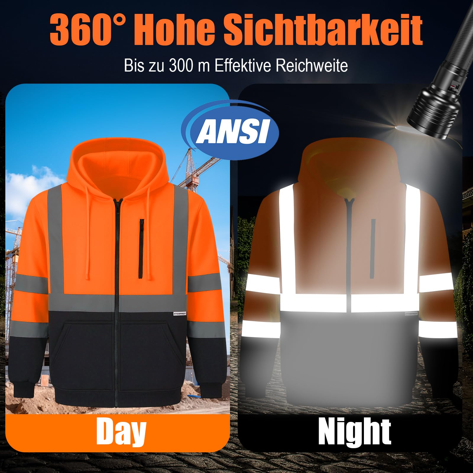 HYCOPROT Hochsichtbarer Sicherheits Hoodie Hi Vis Sweatshirts Fleece Leichte Reflektierende Arbeitsjacke Taschen Sicherheitsmantel mit Reißverschluss mit Kordelzug für Männer und Frauen EN ISO 20471