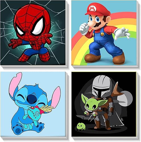 xackcme Paquete de 4 pinturas de dibujos animados por números para niños con marco de madera, pintura de dibujos animados por números para niños de