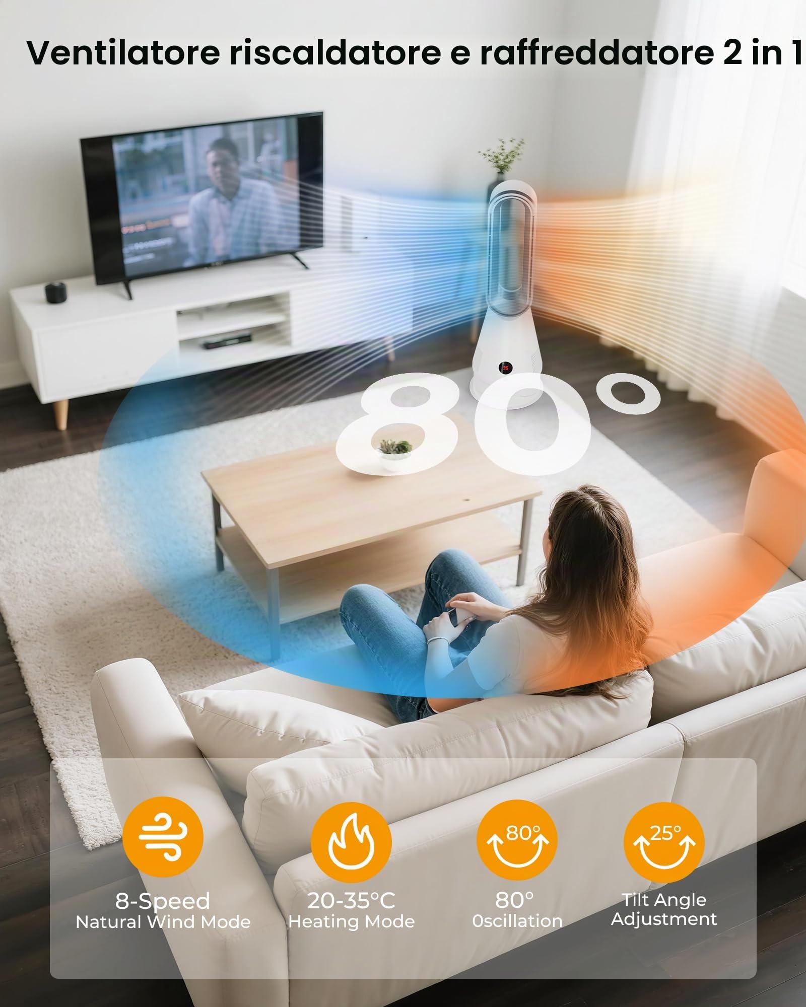 Termoventilatore a Torre 1600W Senza Pale - Telecomando, Silenzioso 30dB, Oscillazione 80°, Timer 9h, 3 Modalità Calore per Camera da Letto Soggiorno Ufficio