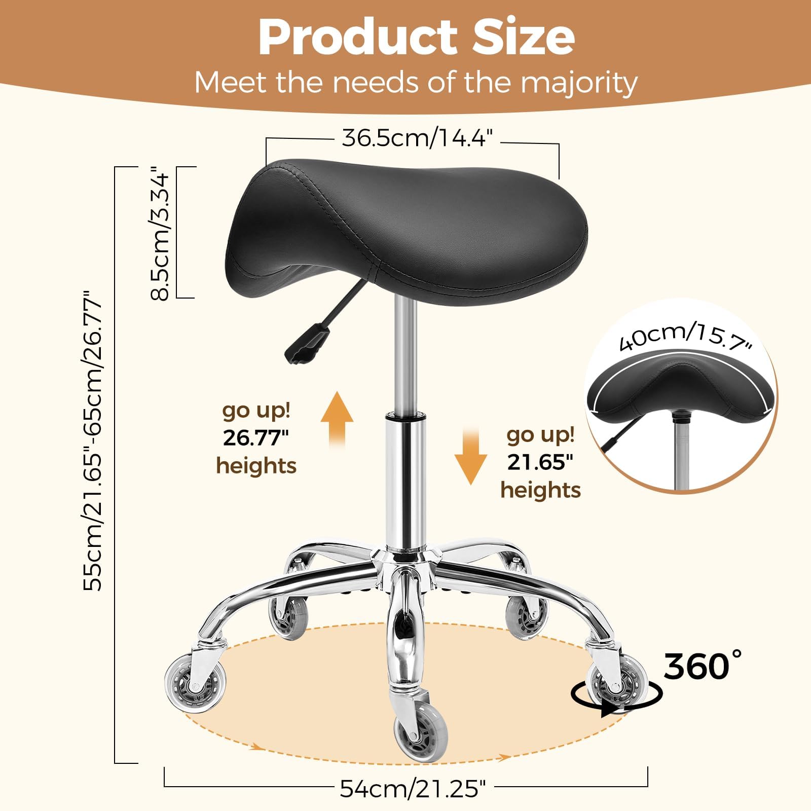 BEWISHOME Ergonomic Saddle Stool with Wheels, Swivel Height-Adjustable Black