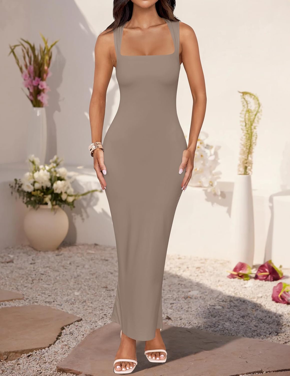 ZESICA Women's Summer Bodycon Midi Dress Sleeveless Square Neck Slim Fit Back Slit Long Cocktail Party Dresses - Image 3