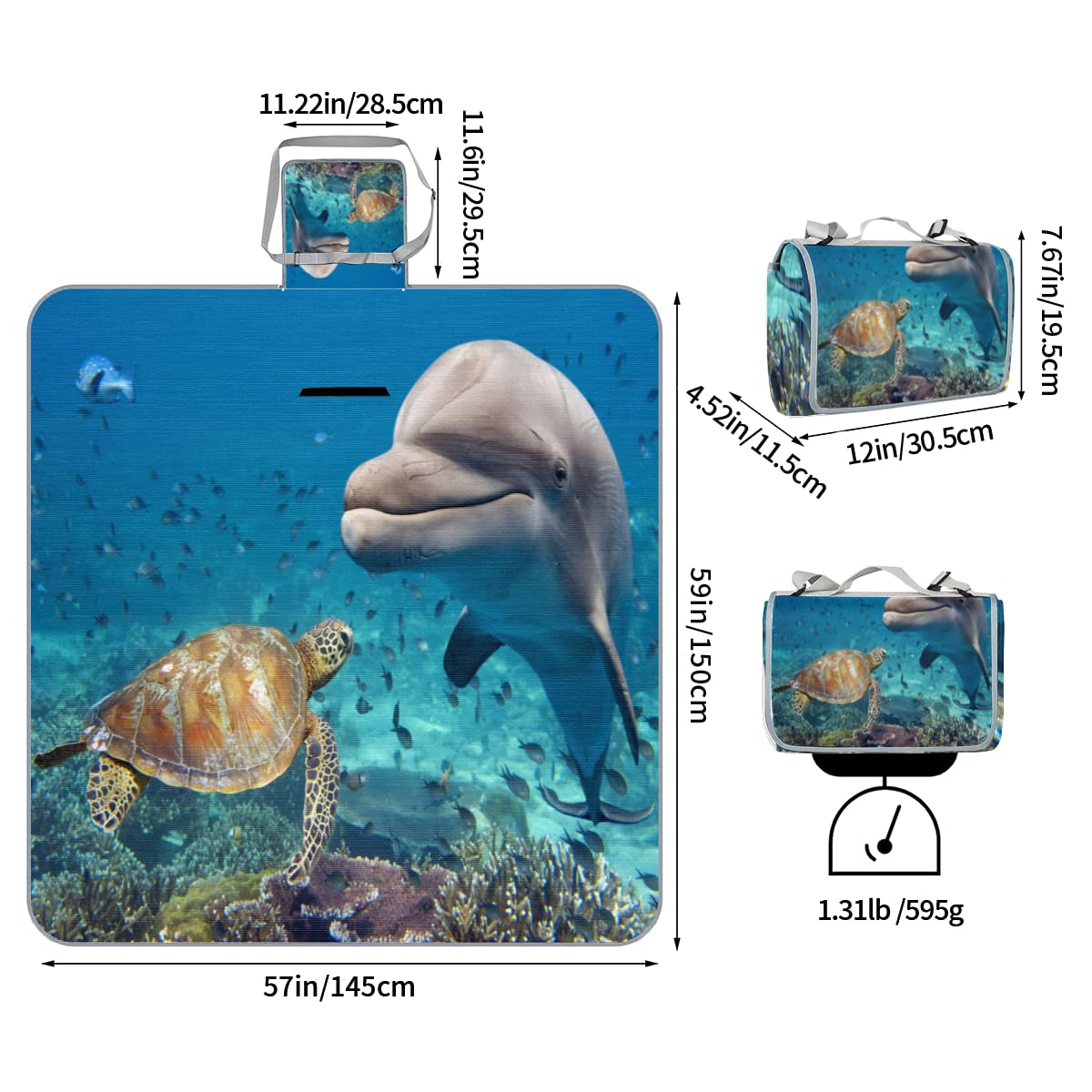 Shimoshe Picnic Blankets 57”x 59”, Ocean Sea Animal Turtle Dolphin Waterproof Sandproof Picnic Mat Lightweight Foldable Beach Blanket for Camping Park Grass Beach Outdoor Blanket