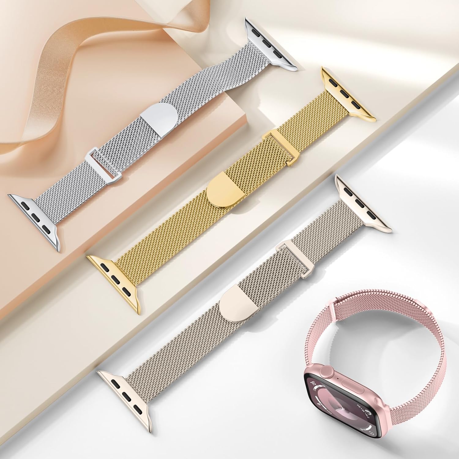 JKD Dressy Magnetic Band Compatible with Apple Watch 10 Band 46mm for Women 40mm 38mm 41mm 42mm 44mm 45mm, Slim Breathable Metal Mesh Sport Bracelet Straps for iWatch SE Series 9 10 8 7 6 5 4 3 Gold - Image 9
