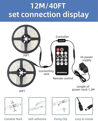Miniatura 3 de Tira de luces LED de 40 pies con control remoto, luz diurna de 6500 K, cinta blanca regulable, 12 V, 720 LED, 2835 luces adhesivas fuertes para