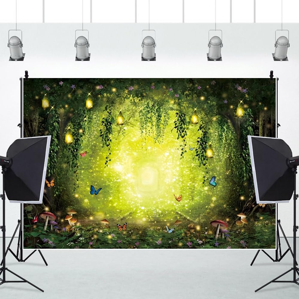 Zaczarowane lasy tło 3 x 2,4 m kolorowy motyl grzyb kraina czarów tło bajka las wiszące liście fotografia tło studio portret fotografowanie rekwizyty