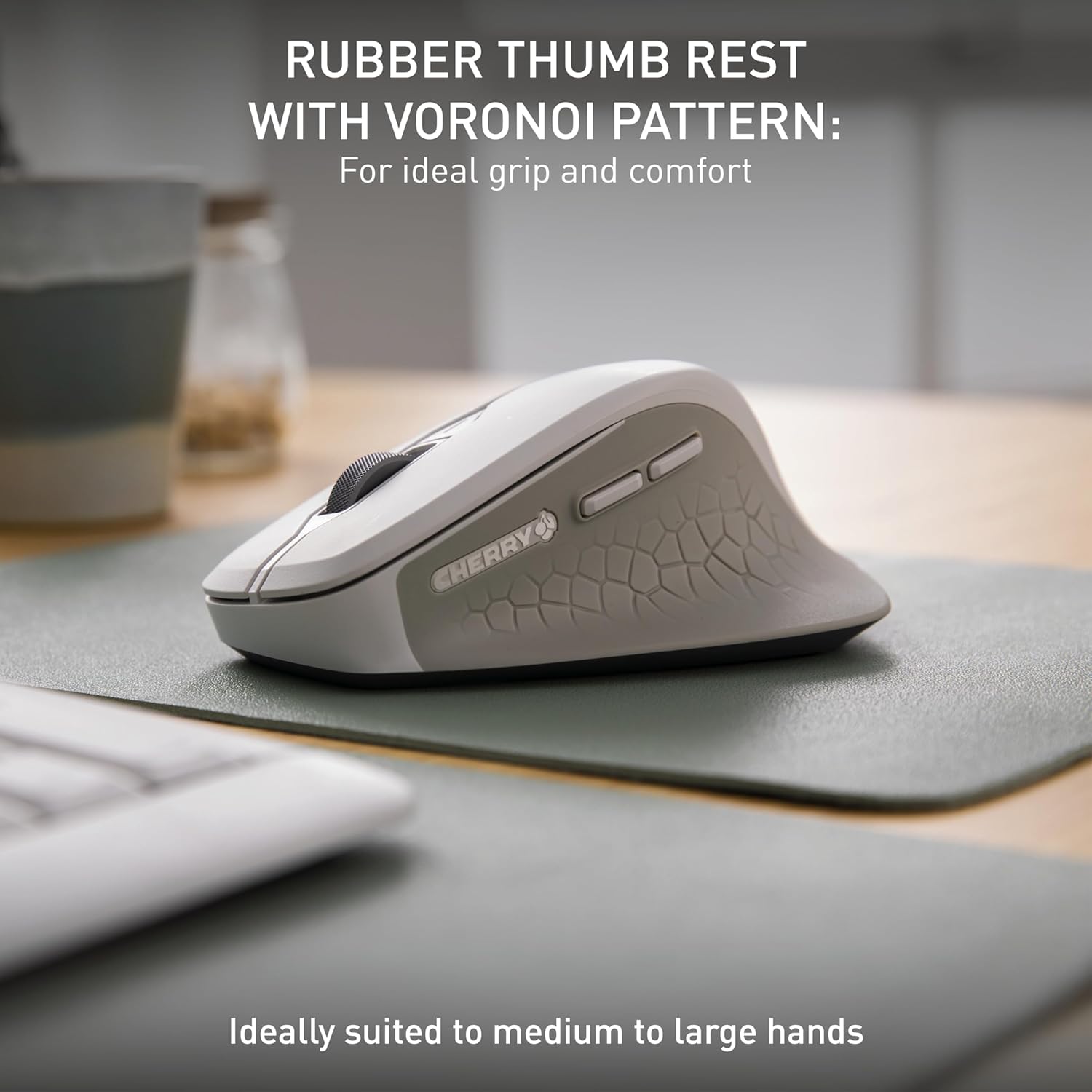 Cherry Stream Mouse Comfort, Wireless Ergonomic Mouse with Rubberized Thumb Rest, for Right-Handers, 2.4 GHz, 6 Whisper-Quiet Buttons, Battery-Powered, White