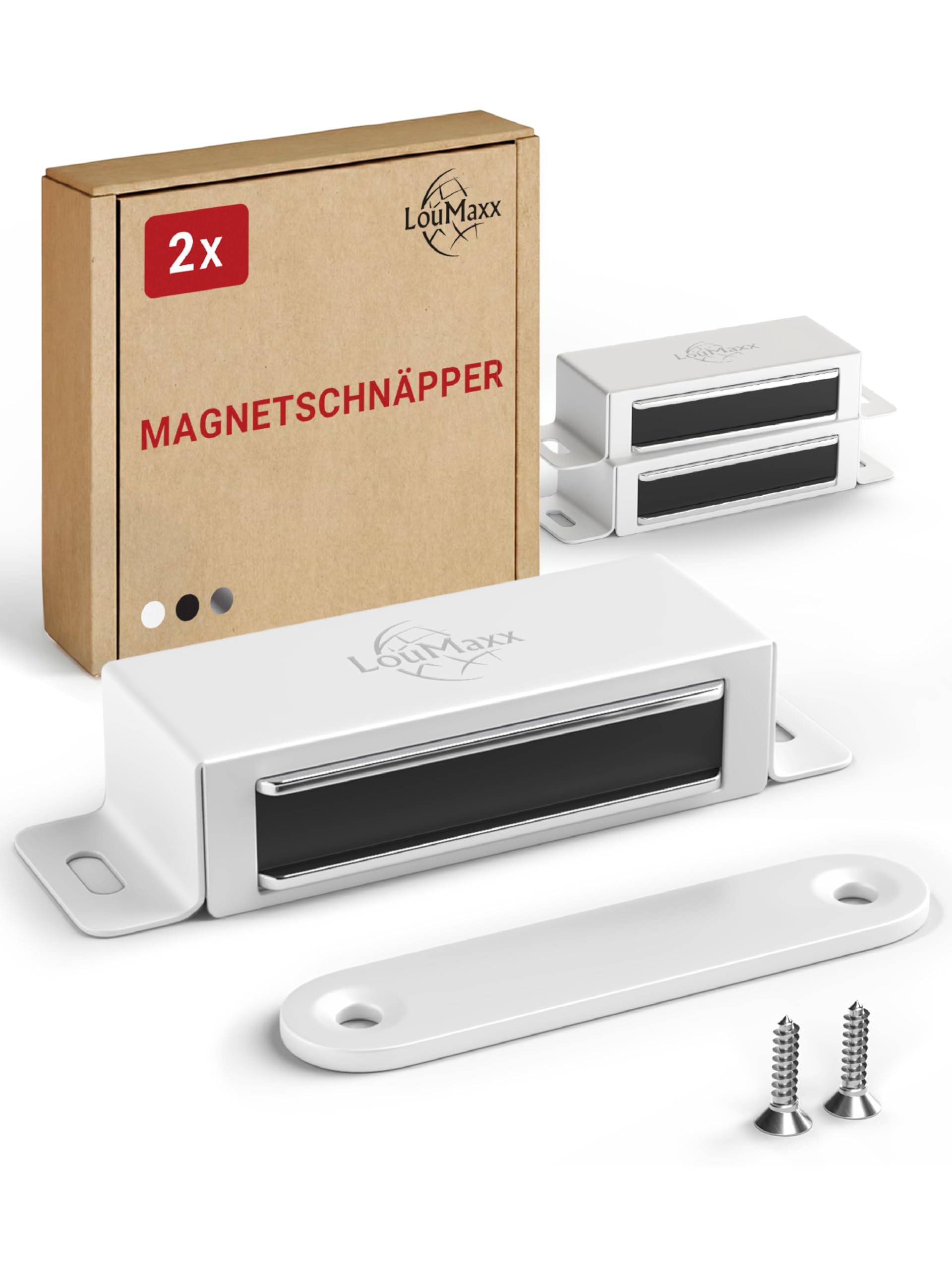 LouMaxx Magnetschnäpper - Haltekraft 15kg - 2er Set in Weiß Edelstahl – Türmagnet - Schrankmagnet – Möbelmagnete – Tuer Magnetverschluss Edelstahl– Magnethalter Schranktür